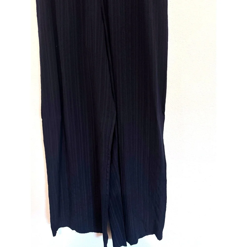 Vanessa Zani | Navy Plisse Pleated Wide-Leg Palazzo Flowy Elastic Waist Pants